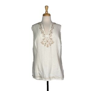 Josephine Chaus Tank Top Linen Embroidered White Beige Womens Medium